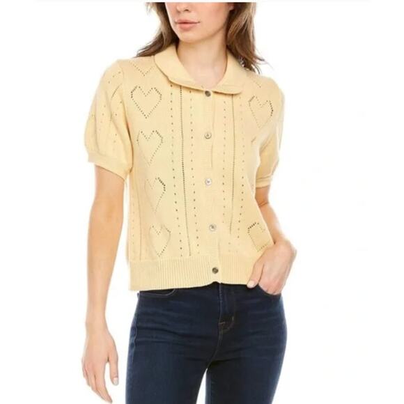Minnie Rose Short Sleeve Pointelle Cardigan Medium Cotton Cashmere - Picture 1 of 16